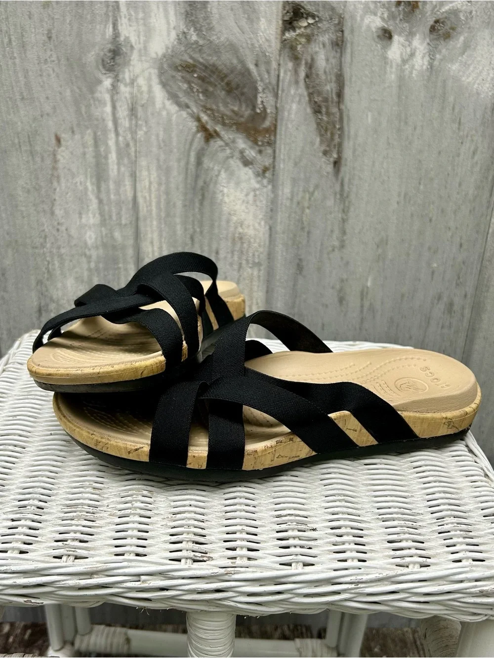 CROCS Women's Black Strappy Sandal with Beige Footbed